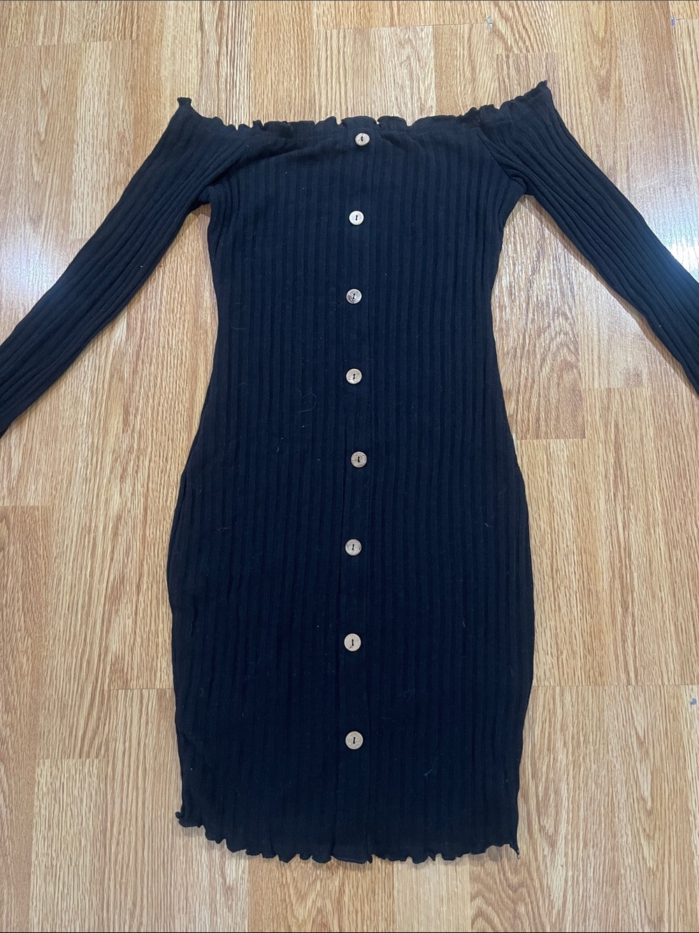 Off-Shoulder Black Ribbed Button-Front Dress